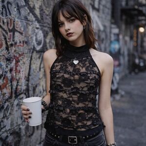 Y2K Mesh Lace Halter Top Womens Size M Long Black Fairy Grunge Dark Romance